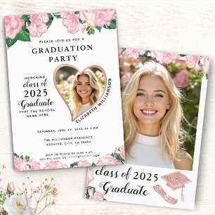 Elegantens Blommigt  Rosa och Vita Studenten Inbjudningar