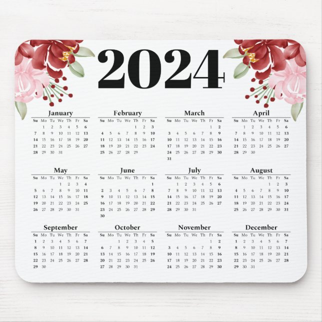 Elegantens Blommigt vattenfärgsvit 2024-kalender Musmatta (Framsidan)