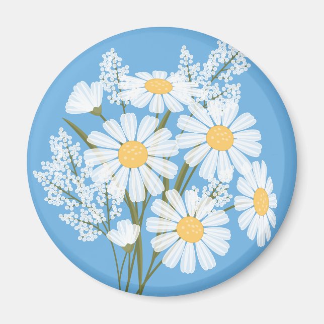 Elegantens Blommigt Vita Daisy på blå Magnet (Framsidan)