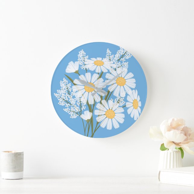 Elegantens Blommigt Vita Daisy på blå Stor Klocka (Hem)