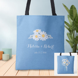 Elegantens Blommigt Vita Daisy på Blue Wedding Fav Tygkasse