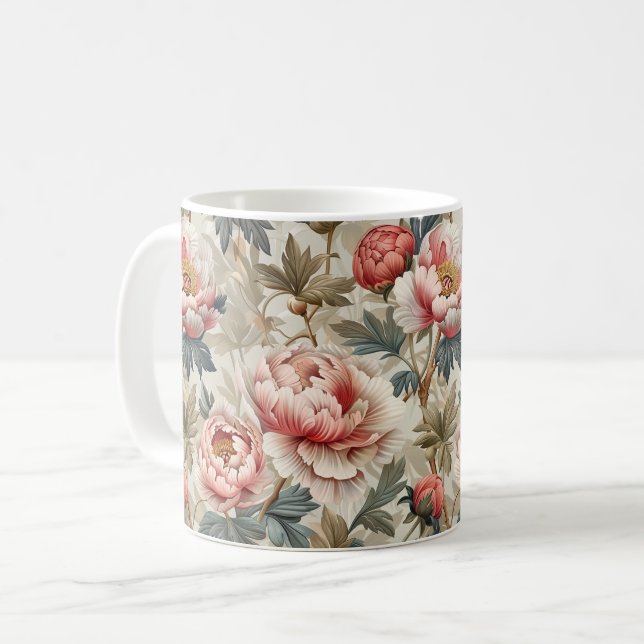 Elegantens blommönster. Blek rosa peonies Kaffemugg (Framsida vänster)