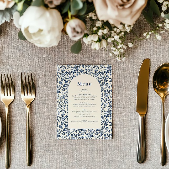 Elegantens botaniska meny blue and kräm arch (Elegant deep blue delftware style botanical menu, classic and timeless celebration frame.)