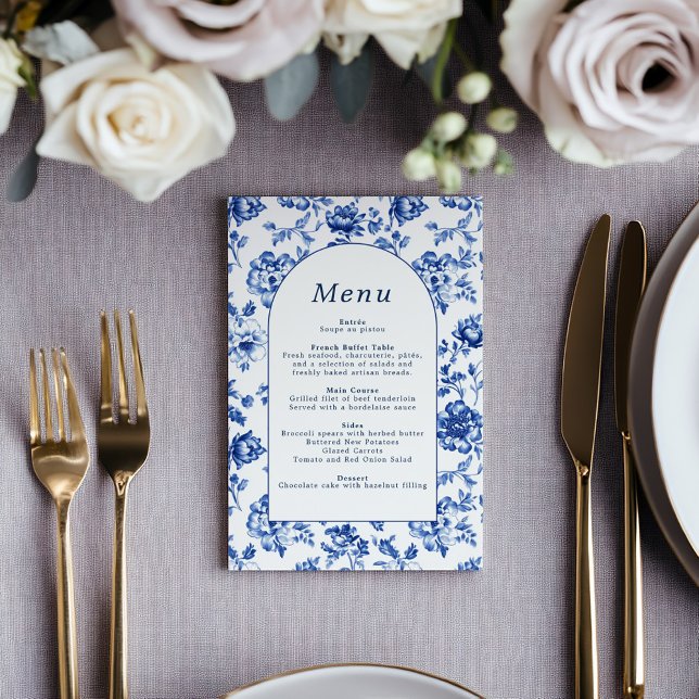 Elegantens botaniska meny för blå och gräddfil (Elegant deep blue delftware style botanical menu, classic and timeless celebration frame.)