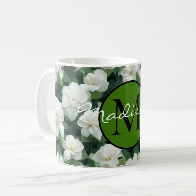 Elegantens botaniska vita blommigt av klassisk grö kaffemugg (Framsida vänster)