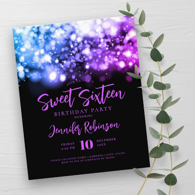 Elegantens budget Lila Blue Spark Sweet 16 Inbjuda Flygblad (Elegant Budget Purple Blue Spark Sweet 16 Invite Flyer)