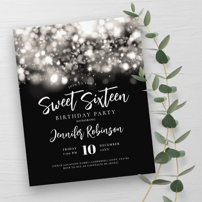 Elegantens budget Silver Gnistra Sverige 16 Inbjud Flygblad (Elegant Budget Silver Sparkle Sweet 16 Invite Flyer)