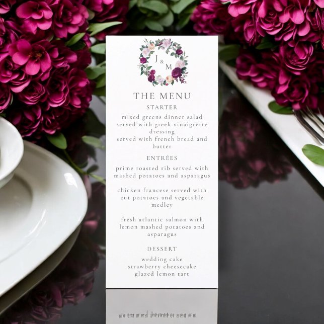 Elegantens burgundära blommigt, modernt menykort f meny (burgundy florals wedding menu card )