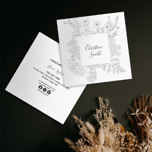 Elegantens Chic Black and WhIte Flowers Blommigt Fyrkantigt Visitkort