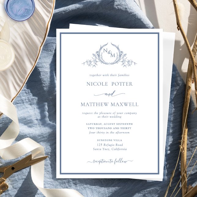Elegantens Chic Formell Monogram Dusty Blue Bröllo Inbjudningar (Skapare uppladdad)