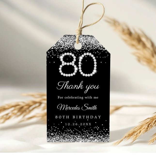 Elegantens diamanter 80:e Födelsedagsfesten Tack Presentetikett (Diamonds 80th Birthday Thank you gift tag)