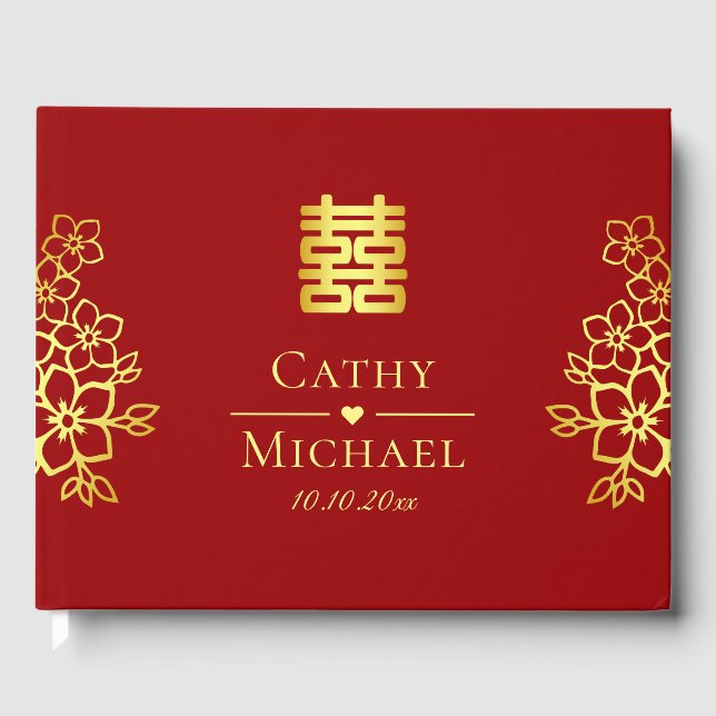 Elegantens dubbla lycka Kinesiska bröllop blommigt Gästböcker (Framsida)