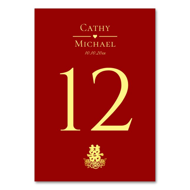 Elegantens dubbla lycka ro kinesiska bröllop bordsnummer (Framsidan)