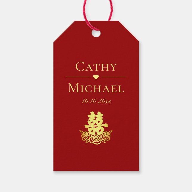 Elegantens dubbla lycka ro kinesiska bröllop röd presentetikett (Framsidan)
