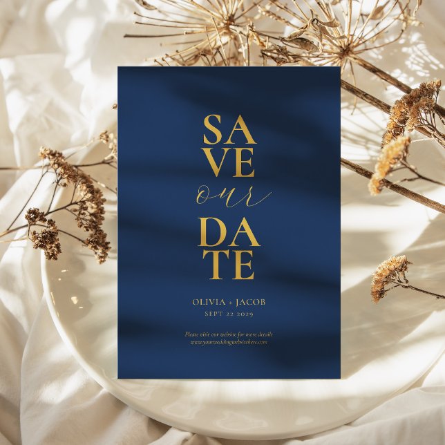 Elegantens flotta och Guld minimalistiskt Bröllop Spara Datumet (Elegant Navy and Gold Minimalist Wedding Save The Date)