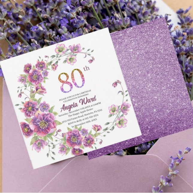 Elegantens födelsedagsfirande blommigten glitter 8 inbjudningar (Skapare uppladdad)