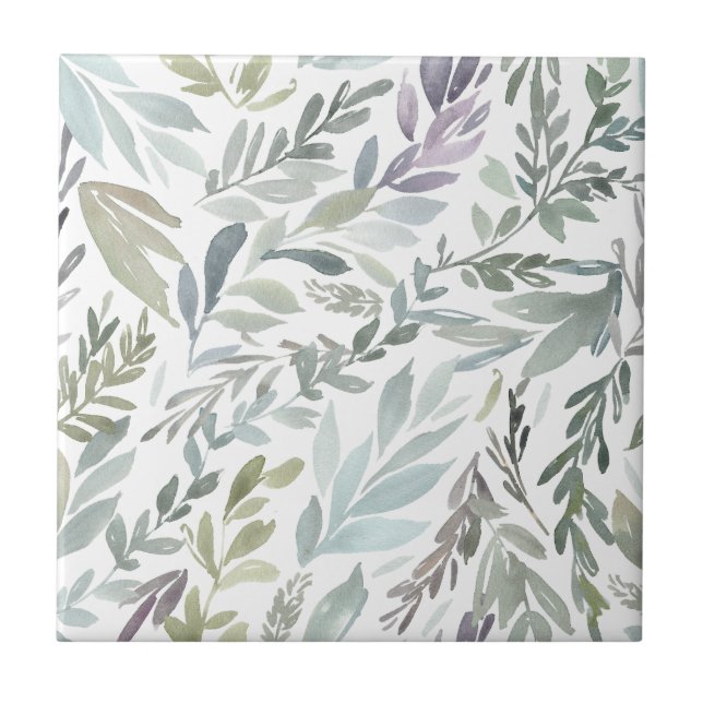Elegantens Grönt Blått botaniskt vattenfärg Kakelplatta (Framsidan)