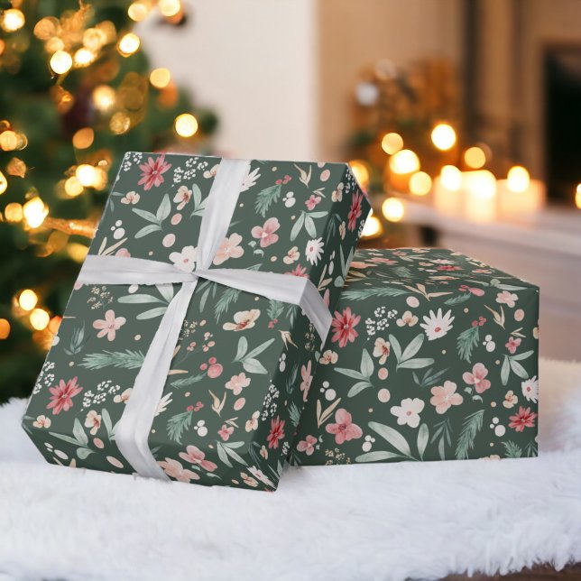 Elegantens grönt Mjuk Blommigt med vattenfärg - ju Presentpapper (Elegant green Soft Watercolor Floral Christmas Wrapping Paper)