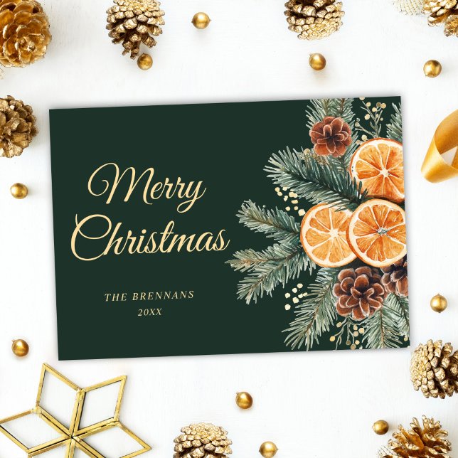 Elegantens Grönt Orange Citrus Jul Julkort (Elegant Green Orange Citrus Christmas Holiday Card)