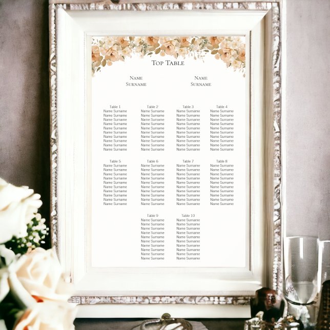 Elegantens Grönt Planplan för passagerarplats i pe Poster (Elegant Green Peach Flower Wedding Seating Plan Poster from Ricaso (frame not included))