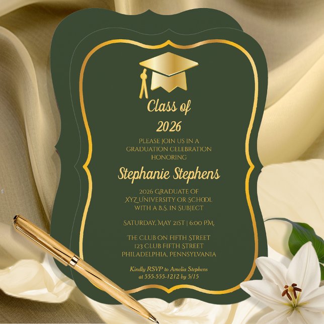 Elegantens Grönt | Studentfest för Guld Cap Inbjudningar (Classy Elegant Green and Gold Tone Graduation Cap Grad Party Invitation)