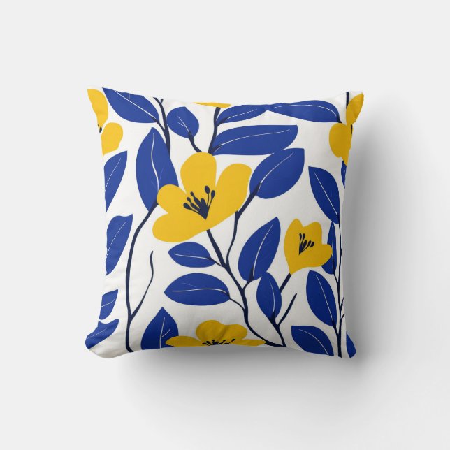 Elegantens Gult Blommigt och Blå Löv Pillow Kudde (Framsida)