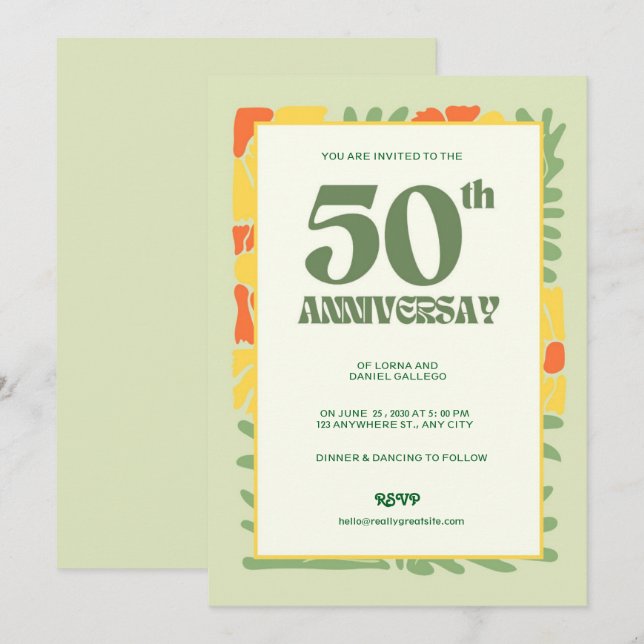 Elegantens Gult och Grönt - 50-årsjubileum Inbjudningar (Fram/baksida)