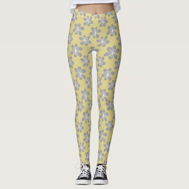 Elegantens gult och ultimat grått-blommönster leggings (Framsida)