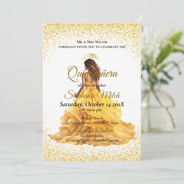 Elegantens gult quinceanera inbjudningar (Stående Fram)