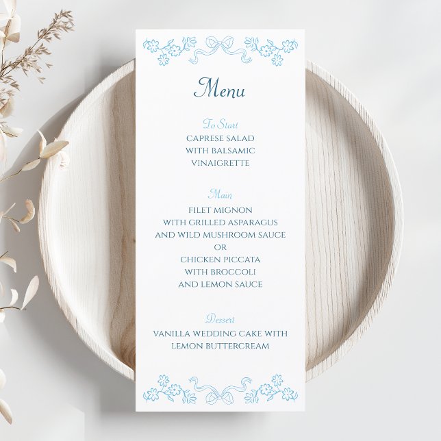 Elegantens handritad Blommigt och blå Bröllop Meny (Elevate your wedding tablescape with our elegant blue floral bow menu card. Personalize yours now!)
