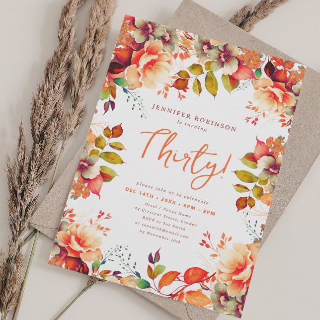 Elegantens höstfärgade Blommigt för höstfärg 30 fö Inbjudningar (Elegant Fall Autumn Watercolor Floral 30 Birthday Invitation)