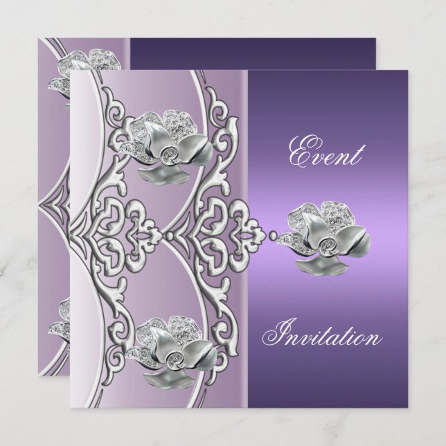 Elegantens inbjudan Lila Mauve Silver Blommigt (Fram/baksida)