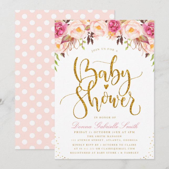 Elegantens inbjudan till  blommigt Babydusch (Fram/baksida)