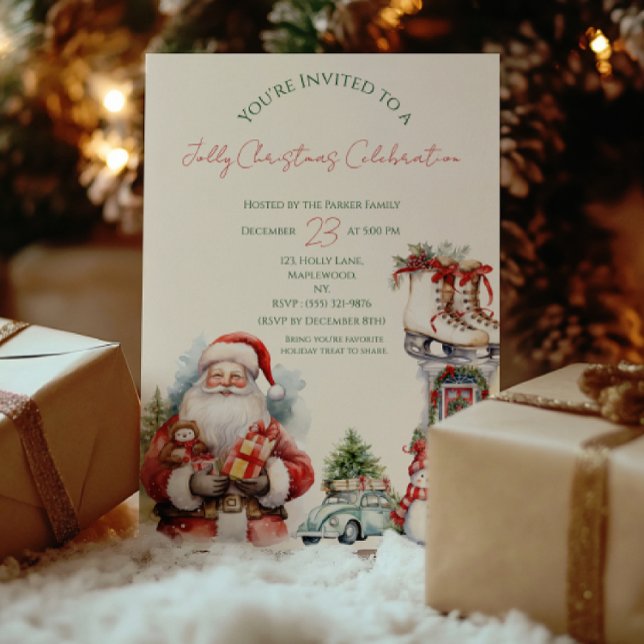 Elegantens inbjudan till julfest i Red & Grönt (Santa-themed Jolly Christmas Magic invitation card — perfect holiday invitation for family & friends)