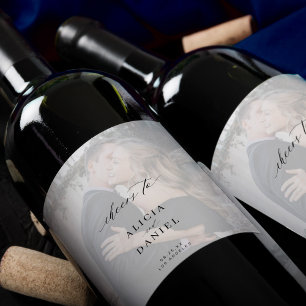 Elegantens kalligrafi-fotoöverlägg är bröllop vinflaska etikett