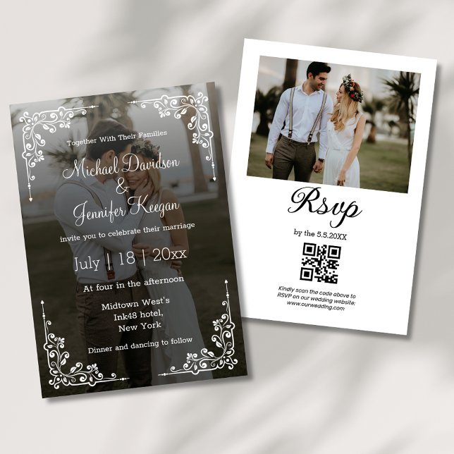 elegantens kalligrafi qr-kod 2-faldigt foto bröllo inbjudningar (Skapare uppladdad)