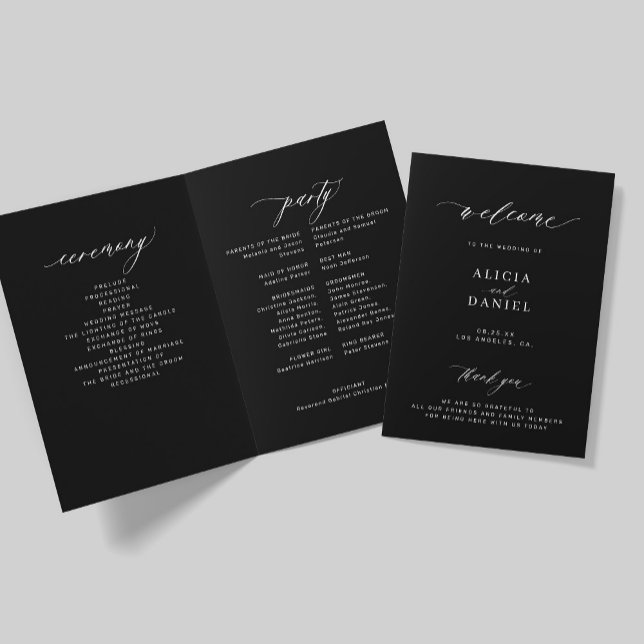 Elegantens kalligrafi-vikt bröllopsfest svart program (Skapare uppladdad)