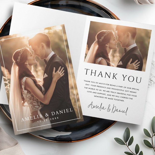 Elegantens klassiska bröllop-fotodatum har vikats tack kort (Elegant classic wedding photo date folded thank you card)