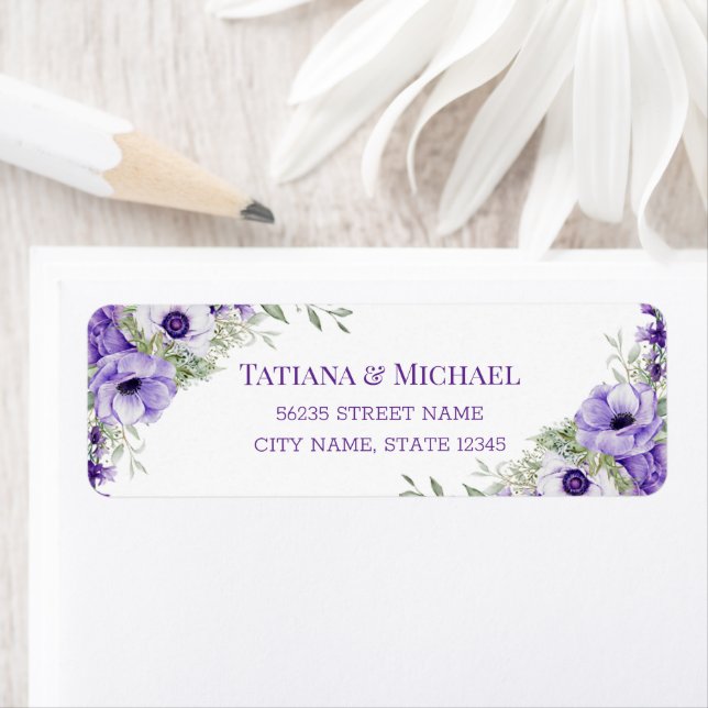 elegantens klassiska skript lila blommigt bröllop returadress etikett (Insitu)