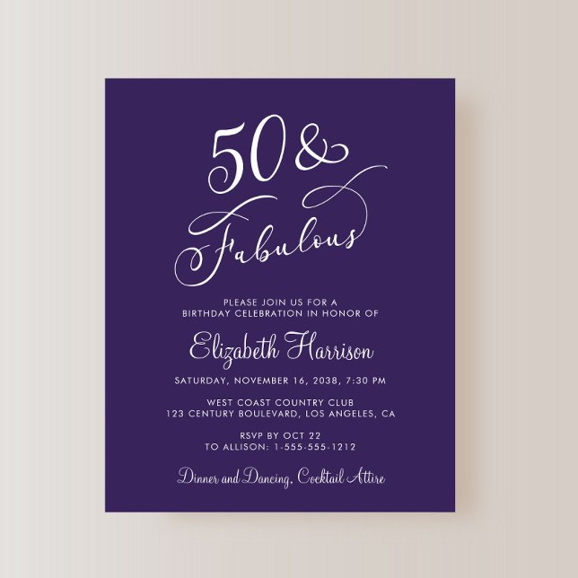 Elegantens Lila 50:e Födelsedagsfest inbjudan (Skapare uppladdad)