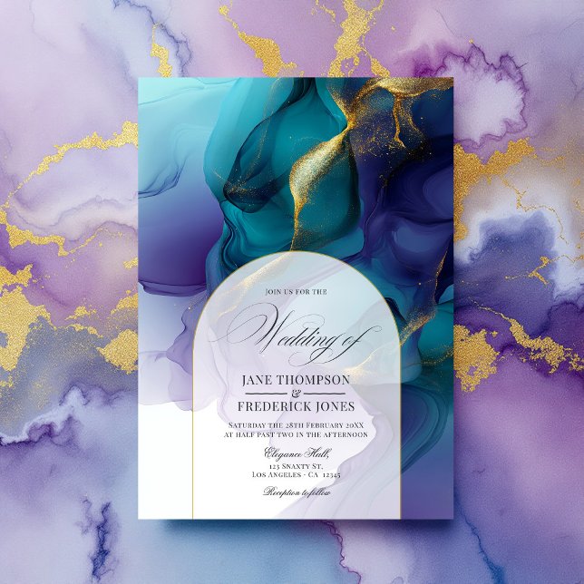Elegantens Lila, blått och Guld Flowing Bläck Bröl Inbjudningar (Elegant Purple, Blue, and Gold Flowing Ink Wedding Invitation)
