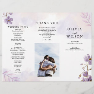 Elegantens Lila Blommigt Trefaldigt Bröllopsprogra Reklamblad