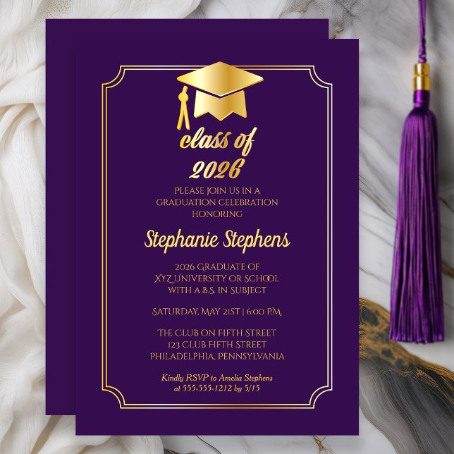 Elegantens Lila | Guld Cap College Graduation Part Inbjudningar (Class of 2026 Elegant Purple Gold College Graduation Party)