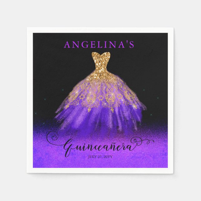 Elegantens Lila | Guld Spansk grå quinceañera Pappersservett (Framsidan)