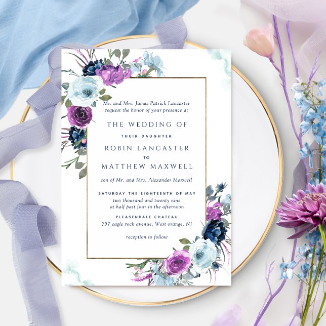 Elegantens Lila och Blå Blommigt Formell Bröllop Inbjudningar (Skapare uppladdad)