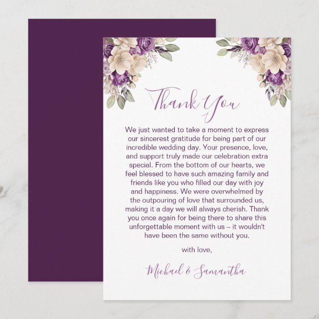 Elegantens Lila och Elfenbenskustens Bröllop Tack Kort (Fram/baksida)