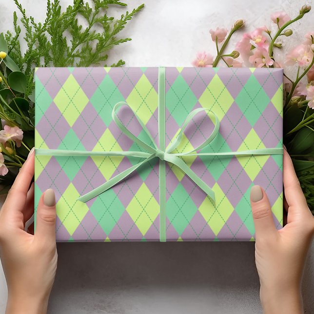 Elegantens Lila och Grönt Argyle Girl Presentpapper (Cute Green, Purple and Lime Argyle Pattern. Childrens Birthdays, St Patrick's Day. Diamonds Pattern)
