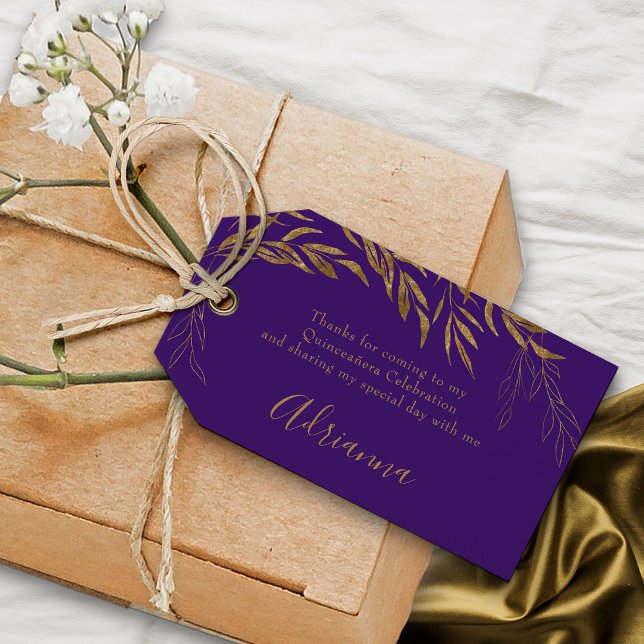 Elegantens Lila och Guld Löv-förmånen Presentetikett (Purple favor gift tag from my Gold Leaf Quinceanera Collection)