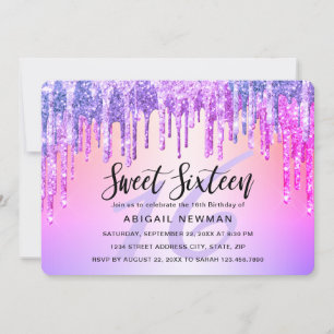 Elegantens lila och rosa glitter droppar sweet six inbjudningar