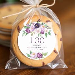 Elegantens Lila | Violet Blommigt 100:e födelsedag Runt Klistermärke